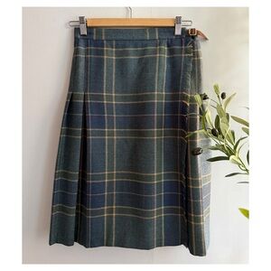Vintage Ralph Lauren 100% Wool Plaid A-Line Skirt - Blue, Gray and Green